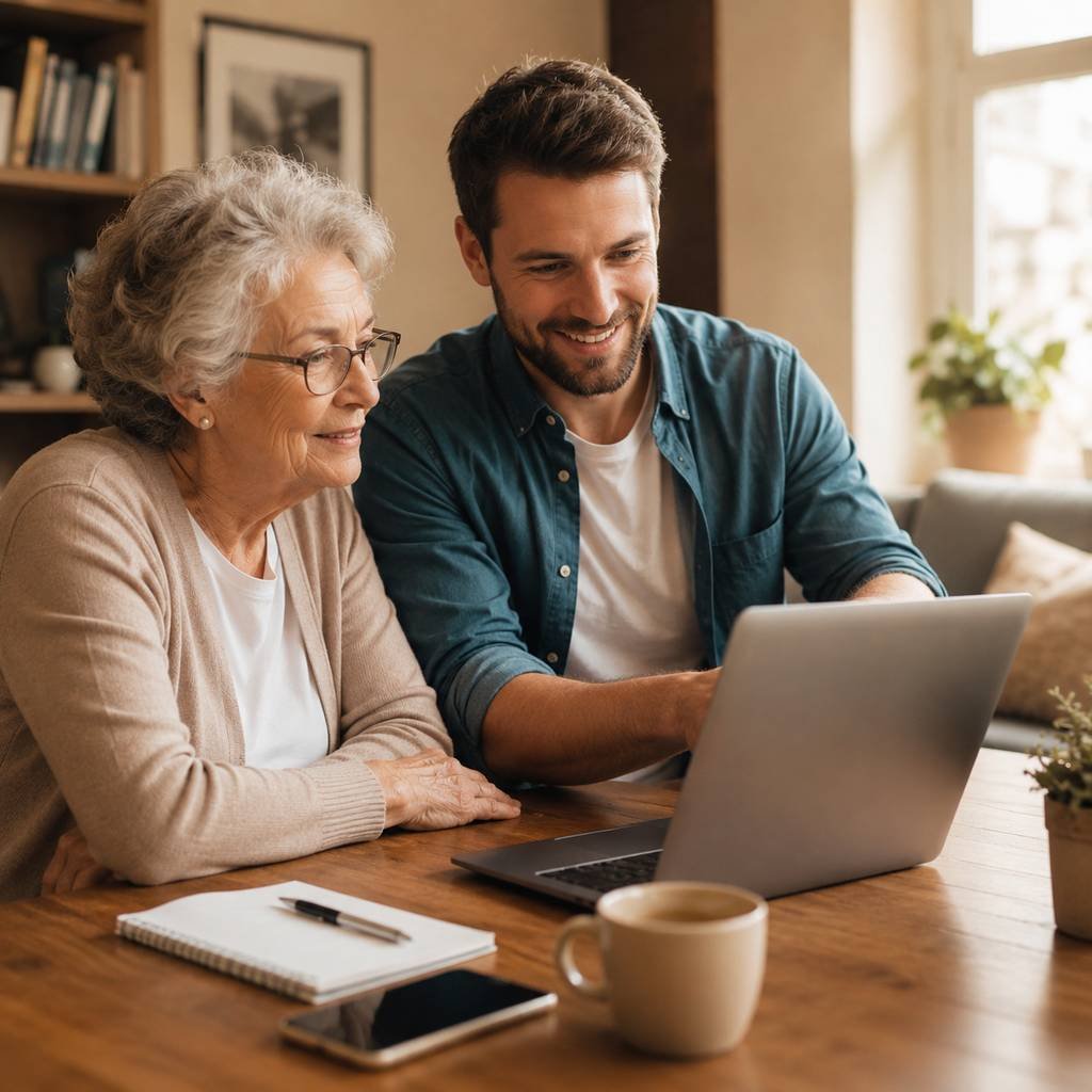 Un jeune homme aide un senior souriant à utiliser un ordinateur portable à domicile, illustrant l’aide informatique pour seniors à Marseille.